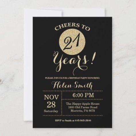 $2.35 | 21st Birthday Invitation Black and Gold Glitter #blackandgold #adultbirthday #surprisebirthday #manbirthday #womenbirthday #birthdayparty #21stbirthday #twentyone #goldglitter #cheersto21years 90th Birthday Invitations, Surprise Birthday Invitations, 70th Birthday Invitations, 80th Birthday Invitations, Birthday Women, 16th Birthday Invitations, 21st Birthday Invitations, 60th Birthday Invitations, Birthday Cheers