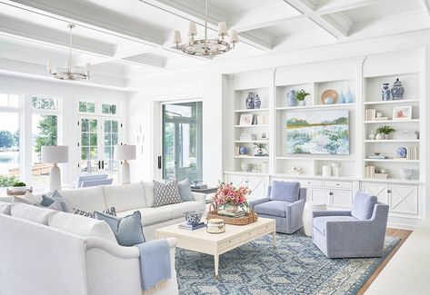 Lakeside Farmhouse, Beach Style Bedroom, Sitting Nook, Blue And White Living Room, Farmhouse Beach, Lake Norman, Beach House Interior, Custom Home Builders, Farmhouse Living