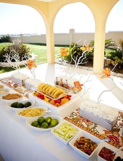 This elegant spread is EXACTLY what you want your taco bar to feature at your wedding. Tacobar Party, Diy Wedding Reception Food, Taco Bar Wedding, Wedding Food Bars, Taco Bar Party, Diy Wedding Food, Wedding Food Stations, Diy Wedding Reception, Fiesta Wedding