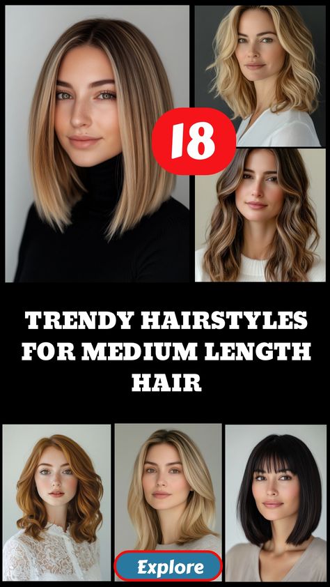 Trendy medium length hairstyles featuring different cuts and colors, with the number 18 indicating variety. Medium Professional Hairstyles, Classic Medium Length Haircut, Mid To Long Length Hair, Medium To Long Hairstyles For Women, Short To Medium Haircuts For Women, Women Hair Styles Medium, Medium Hair Styles Straight, Medium Length Hair No Layers, Medium Length Hair Styles Straight