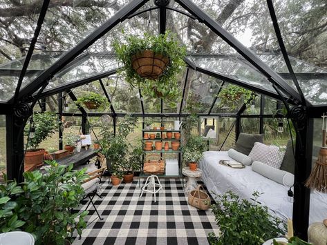 a tiny greenhouse studio for mixed-use Living In A Greenhouse Tiny House, Tiny Home With Greenhouse, Greenhouse Sitting Room, Greenhouse Living Space, Greenhouse Sofa, Greenhouse Playroom, Greenhouse Guesthouse, Greenhouse Furniture, Greenhouse Sanctuary