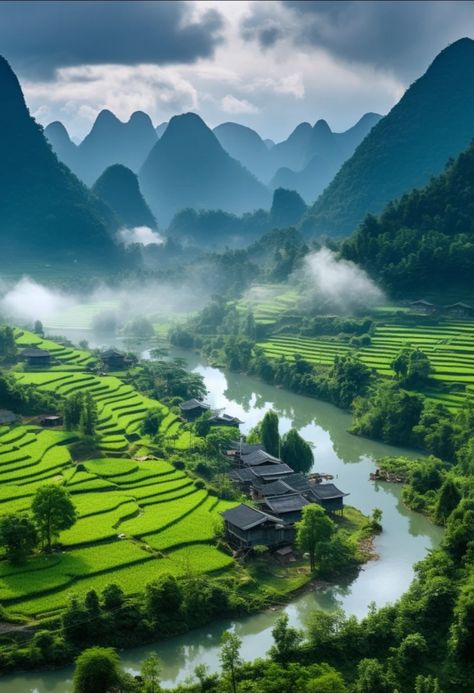 China Countryside, Countryside Village, Japanese Countryside, Devi Images Hd, Green Moon, Rice Fields, Chinese Landscape, Nature View, A Whole New World