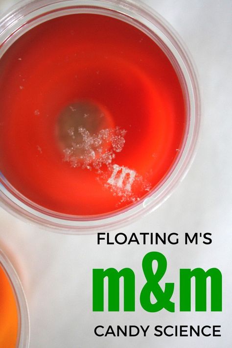 The floating m doesn’t happen immediately, but the color dissolving off of the M&M happened almost immediately. The materials used to color the m&m aren’t afraid of water, so they dissolve quickly and make rainbow colored water! The chocolate on the other hand did not dissolve quickly, but we wanted to see the floating m! Candy Math Activities, Candy Science Experiments, Candy Math, Candy Experiments, Candy Science, Kitchen Science Experiments, M M Candy, M And M, Science Party