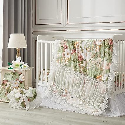 Vintage Crib Sheet and Tulle Lace Crib Bed Skirt, Green White. 100% GOTS certified organic cotton, healthy and cozy *6-piece girls nursery bedding set includes: baby comforter(45"*36"), floral crib sheet, Shimmer tulle dust ruffle with 16" drop *UNIQUE DESIGN: Elevate the nursery with the Fine Elegant look of organic cotton. Beautiful hues and shabby chic styling give this supersoft collection its tailored, timeless appeal. Instantly update their nursery with our bedding:) Crib comforter is lu Girl Nursery Crib, Crib Bed Skirt, Floral Crib Sheet, Crib Comforter, Girl Nursery Bedding, White Crib, Baby Crib Bedding Sets, Baby Room Themes, Girls Bedding Sets