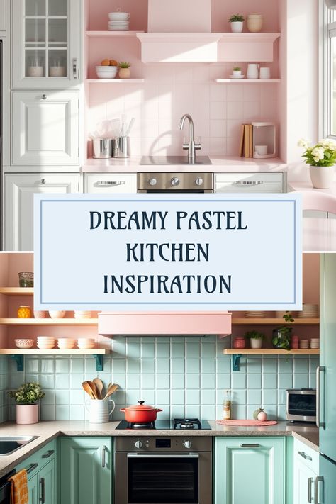 Looking to add a splash of color and charm to your kitchen? Check out these 12 dreamy pastel kitchen ideas that balance beauty and functionality. From the calming tones of blush pink cabinets to soothing sky blue accents, these designs inspire a cheerful vibe in any home. Let your inner chef shine in a comfortable space that motivates you every day. Transform your cooking zone into a pastel paradise that's inviting, stylish, and cute. Explore creative storage solutions and delightful decor to make every meal a pleasure. Pastel Kitchen Cabinets, Powder Blue Kitchen, Pastel Kitchen Ideas, Pink Cabinets, Aqua Kitchen, Turquoise Tile, Pastel Kitchen, Colorful Dishes, Grey Countertops