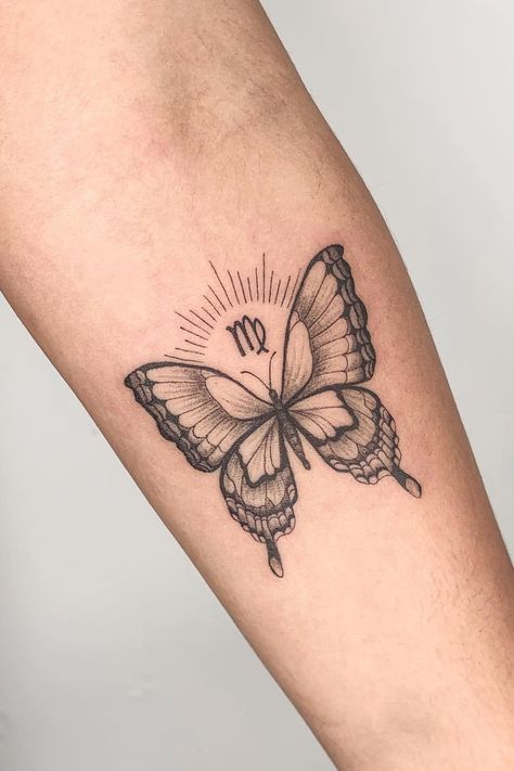 Virgo Butterfly, Frankie Tattoo, Butterfly With Flowers Tattoo, Virgo Tattoo Designs, Butterfly Tattoos On Arm, Butterfly Tattoo Stencil, Unique Butterfly Tattoos, Butterfly Wrist Tattoo, Matching Tats