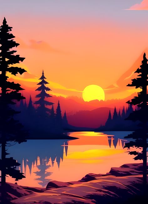 https://www.redbubble.com/i/art-board-print/Add-a-Touch-of-Beauty-and-Tranquility-to-Your-Home-with-Our-Wide-Range-of-Gorgeous-Minimalist-Landscape-and-Lake-Sunrise-Prints/137888694.TR477?asc=u Digital Art Scenery Landscapes, Wide Landscape Paintings, Sunrise Painting Simple, Mountain Sunrise Painting, Beautiful Sunset Mountains, Vector Art Landscape, Sunset Mountain Painting, Sunrise Mural, Lake Mural