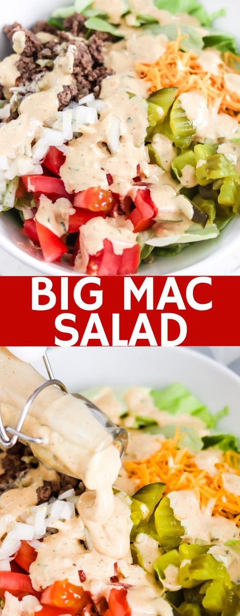 All of the classic Big Mac ingredients and flavors fill this delicious salad, but with no bun, there's no guilt! This low carb Big Mac Salad will become a dinner staple! Low Carb Big Mac Salad, Cheeseburger Salad Recipe, Low Carb Big Mac, Mac Salad Recipe, Big Mac Sauce Recipe, Salad Macaroni, Mac Sauce Recipe, Big Mac Salad, Mac Salad