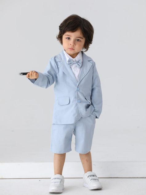 Blue and White Glamorous  Long Sleeve  Colorblock  Embellished Non-Stretch All Baby Clothing Ring Barrier, Blue And White Suit, Blue Summer Outfits, Blue Tux, Gentleman Outfit, Suit Blue, Tuxedo Suit