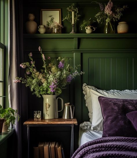 The Life Inside Your Head from Tumblr.com Aubergine And Green Bedroom, Purple Dark Academia Room, Dark Academia Purple Bedroom, Moody Green And Purple Bedroom, Dark Green And Purple Bedroom, Purple Green Room, Purple Green Bedroom, Purple And Green Bedroom, Green And Purple Bedroom