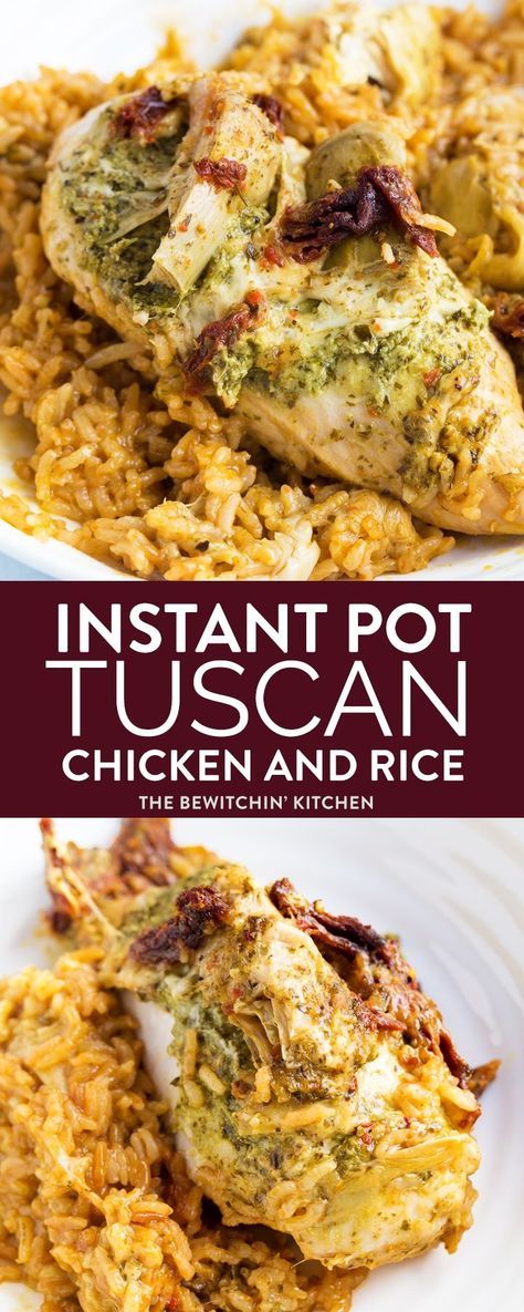 Instant Pot Tuscan Chicken and Rice Bake - This easy chicken recipe is low sugar, high flavor, and insanely easy. Instant Pot Recipes are some of my favorite and this easy pressure cooker recipe does not disappoint! Italian flavors in 15 minutes! #thebewitchinkitchen #instantpotrecipes #instantpotchicken #chickenandrice #tuscanchicken #pestochicken Tuscan Chicken And Rice, Instant Pot Tuscan Chicken, Easy Chicken Recipe, Easy Pressure Cooker Recipes, Pressure Cooker Recipe, Rice Bake, Sundried Tomato, Tuscan Chicken, Cook Chicken