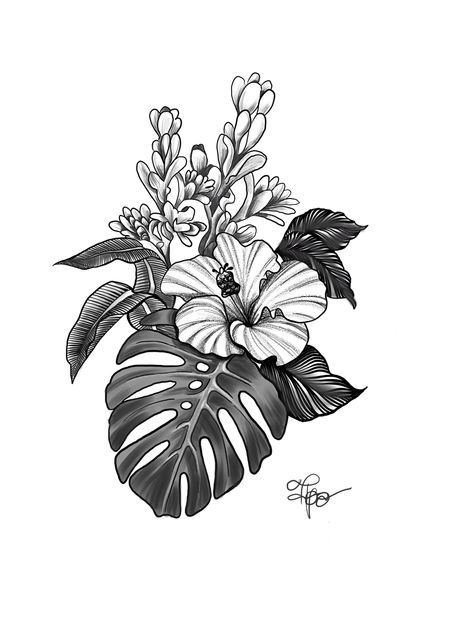 Tropical Plants Tattoo, Tropical Plants Tattoo Design, Tropical Forest Tattoo, Dark Tropical Tattoo, Jungle Flowers Tattoo, Tropical Foliage Tattoo, Tropical Plant Tattoo, Tropical Flower Tattoo Stencil, Tropical Tattoo Ideas