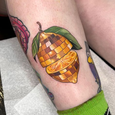 Sköll ᛘ Tattoo | Lemon disco ball from my flash for lovely Patsy! What a great Saturday 🥰 - - beside some lovely work from @marellehannatattoos and… | Instagram Tattoo Ideas Disco Ball, Disco Tattoos, Disco Tattoo, Disco Ball Tattoo, Lemon Tattoo, Disco Shoes, Saturn Tattoo, Duck Tattoos, Shoe Tattoos