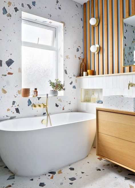 Bathroom makeover: an upgrade using terrazzo and oak — House Beautiful UK Terrazzo Tiles Bathroom, Terrazzo Bathroom Tiles, Modern Kids Bathroom Ideas, Modern Kids Bathroom, Terrazzo Bathroom, Limestone Flooring, Stunning Bathrooms, Tiles Design, Bathroom Wall Tile