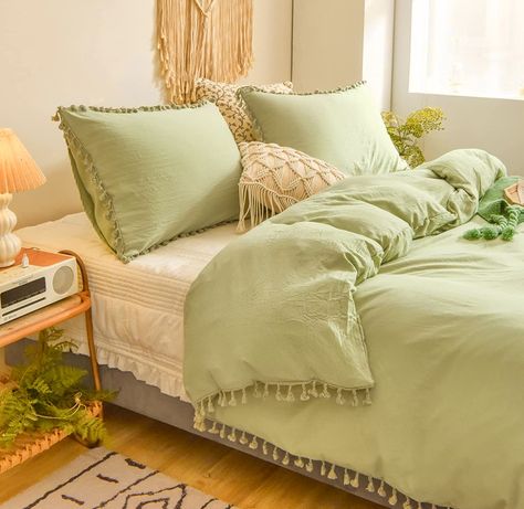 Girls Bedspreads, Boho Bedding Sets, Duvet Covers Bohemian, Green Comforter, Green Duvet, Green Duvet Covers, Shared Room, Dorm Ideas, Shabby Chic Farmhouse