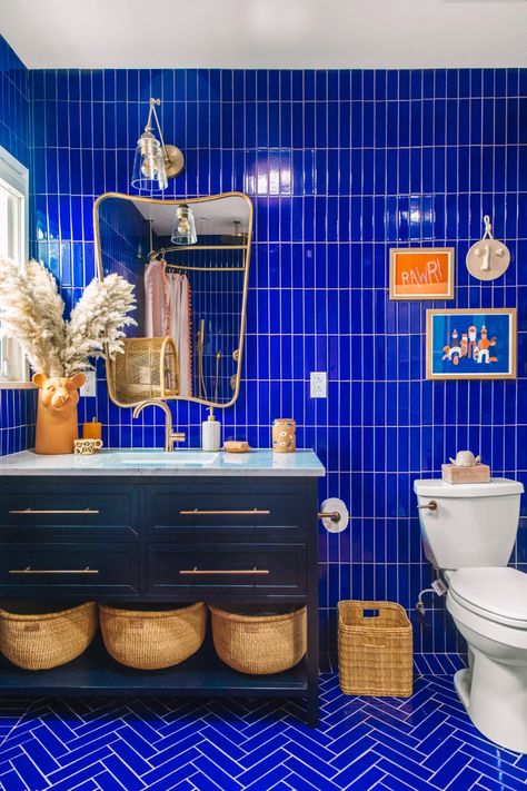 The Mindwelling: Our Kids' Bathroom Reveal! - Studio DIY Jewel Tone Bathroom, Vibrant Bathroom, Navy Bathroom, Fireclay Tile, Studio Diy, Blue Bath, Tile Trends, Tub Shower Combo, Blue Bathroom