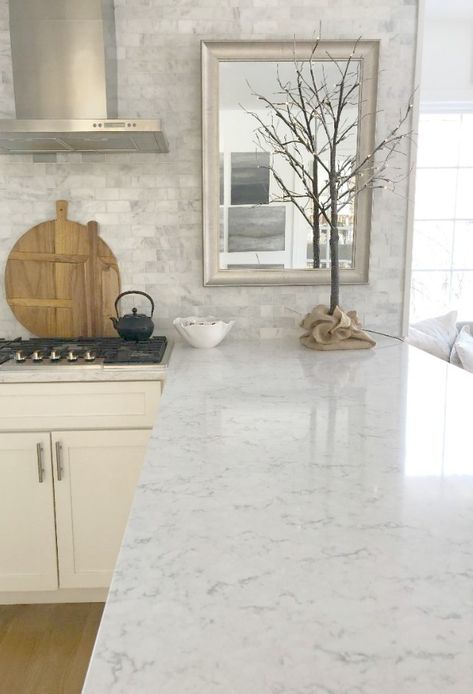 Minuet Viatera quartz countertop in our classic white kitchen with Shaker cabinets and stainless appliances. #hellolovelystudio #whitequartz #countertops #kitchendesign #minuet #viateraquartz #lgviatera White And Gray Quartz Countertops, Quartz Kitchen Countertops White, Gray Quartz Countertops, White Shaker Kitchen, Classic White Kitchen, Quartz Kitchen Countertops, Quartz Kitchen, White Quartz Countertop, Hello Lovely