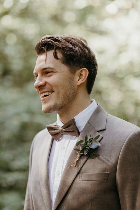 Scandinavian Style Meets Moroccan Flair in this Boho Helsinki Wedding | Junebug Weddings Dark Tan Groom Suit, Earth Tone Wedding Suit, Brown Groom Attire, Light Brown Groom Suit, Dark Brown Groom Suit, Taupe Suits Wedding Men, Brown Suit Wedding, Beige Suits Wedding, Greenery Boutonniere