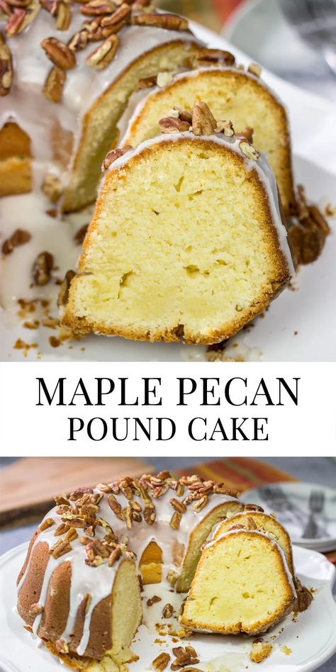 This Maple Pecan Pound Cake features a maple-flavored cake topped with lightly toasted pecans.  A slice of this cake is perfect for a chilly Autumn evening! Maple Pound Cake Recipe, Pound Cake For Thanksgiving, Maple Pecan Pound Cake, Maple Pecan Bundt Cake, Maple Pound Cake, Maple Bacon Pound Cake, Cakes With Pecans, Maple Pecan Cake, Fall Pound Cake Recipes