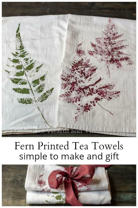 Fern printed tea towels make great gifts at the holidays and you can use this technique with just about any pretty foliage. #handmadegifts #naturecrafts Tea Towels Crafts, Tea Towels Diy, Handmade Gifts For Boyfriend, Handmade Gifts For Friends, Handmade Gifts For Men, Diy Towels, Gifts To Make, Handmade Holiday Gifts, Creative Diy Gifts