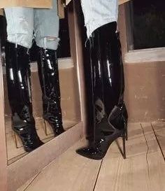 7e9e346dc5fd268b49bf418523af8679desc53636197ri Tight High Boots, High Heeled Boots, Easy Style, Stiletto Boots, Lily Collins, Knee High Leather Boots, Shoe Closet, Shoe Obsession, Metallic Leather