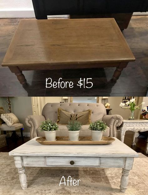 Coffee Table Makeover - painted with white chalk Paint then dry brushed. Chalk Paint Coffee Table, Repainting Furniture, Coffee Table Makeover, Farmhouse Coffee Table, Painted Coffee Tables, Coffee Table Farmhouse, Diy Furniture Renovation, Furniture Rehab, Diy Furniture Easy