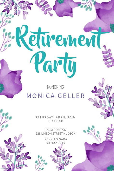 Floral retirement party poster template. Click to customize. Goodbye Quotes For Coworkers, Quotes For Coworkers, Craft Fair Ideas To Sell, Babysitting Flyers, Football Viewing Party, Template Undangan, Retirement Party Themes, Retirement Invitation Template, Goodbye Quotes