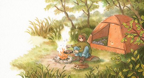 Camping Illustration, Camping Drawing, Solo Camping, Camping Aesthetic, Four Days, Camping Art, Watercolor And Ink, Cool Artwork, Aesthetic Art