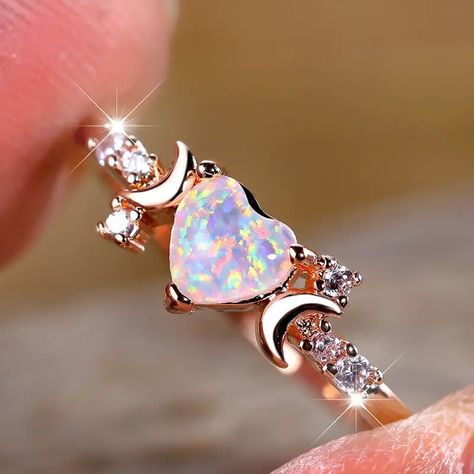 Sparkling Heart shaped Opal Ring Elegant Women's Wedding - Temu Stone Rings For Women, Colored Wedding Bands, Opal Meaning, Stone Ring Design, Opal Stone Ring, Heart Shaped Engagement Rings, Pearl Cocktail Ring, Ring Elegant, Gold Color Ring