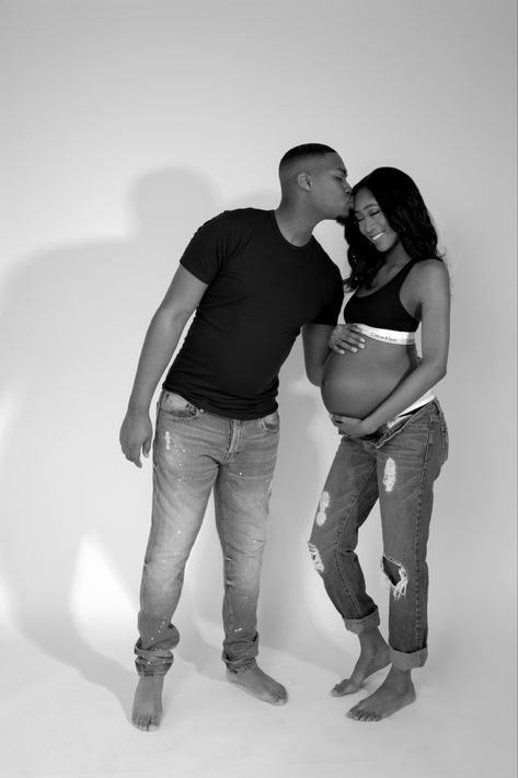 Maternity Photos Black Couples, Maternity Photoshoot Ideas Black Women Couple, Maternity Photo Shoot Ideas Calvin Klein, Calvin Klein Maternity Photoshoot Ideas, Calvin Klein Maternity Shoot With Jeans, Jeans And Calvin Klein Maternity Photoshoot, Maternity Denim Photoshoot, Sporty Maternity Shoot, Maternity Calvin Klein Photoshoot