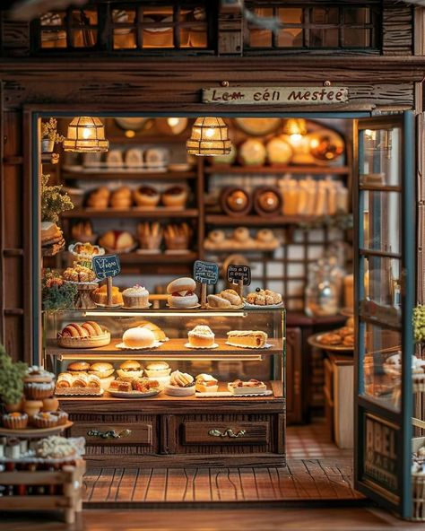 Miniature Cafe, Mini Bakery, Polymer Project, Miniature Bakery, Food Infographic, Doll Furniture Diy, Winter Village, Bakery Shop, Cafe Shop