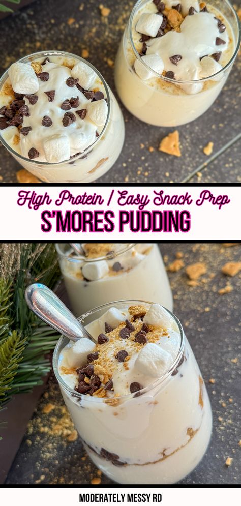 A high protein, delicious s'mores pudding with cozy and comforting flavors. This recipe is great for high protein snack prep - making 4 servings with 18 grams of protein per serving without protein powder. This is what I like to call an elevated Greek yogurt. It's a healthy snack disguised as dessert and will keep you fuller for longer. A great bridge between meals! Plus, it's so tasty and fun. Protein Dessert Ideas, Protein Desserts No Protein Powder, High Protein Pudding Dessert, High Protein Snacks For Fat Loss, Recipes Using Protein Powder, High Protein Sweet Snacks, Protein Powder Pudding, High Protein Yogurt Bowl, Greek Yogurt Parfait Recipes