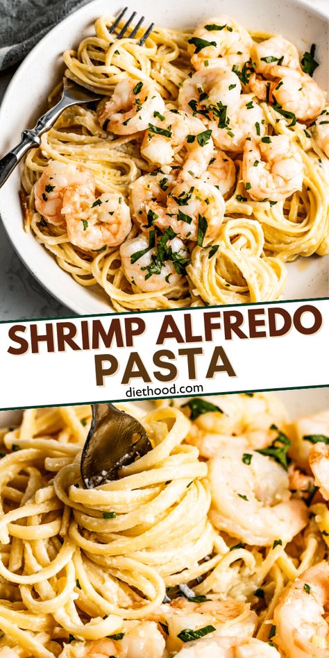 Served with garlic and shallot-sauteed shrimp, this quick homemade alfredo pasta is perfectly velvety and smooth. Topped with fresh parmesan, it's an impressive dinner that doesn't require more than an hour of your time. How To Season Shrimp, Impressive Dinner Recipes, Homemade Shrimp Alfredo, Chicken Shrimp Alfredo, Chicken Zucchini Recipes, Diethood Recipes, Asian Steak Bites, Parsley Recipes, Impressive Dinner