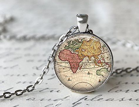 Globe Necklace, Unique Jewelry Vintage, World Map Necklace, Map Jewelry, Pocket Watch Necklace, Book Necklace, Map Pendant, Map Necklace, Necklace Antique