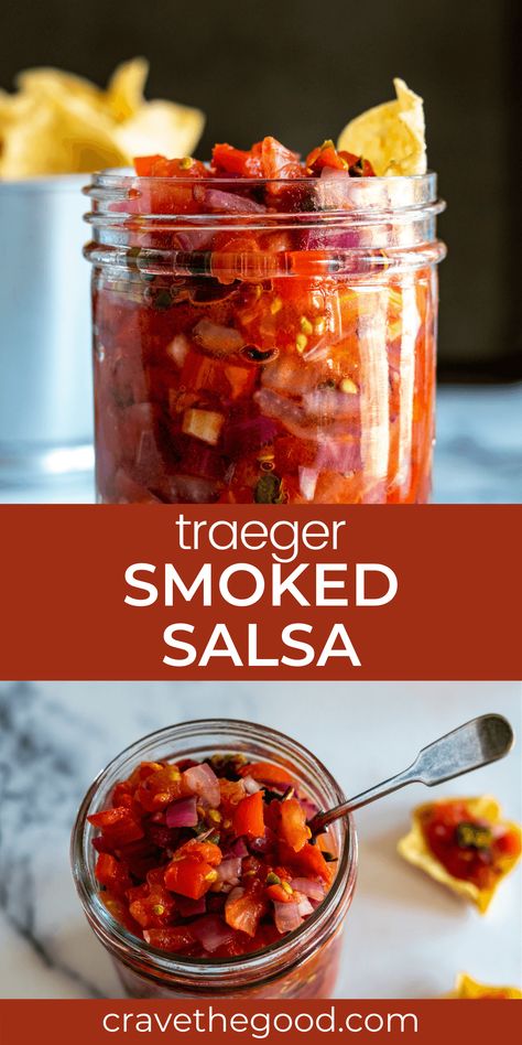 Smoked Salsa Recipe! Break out your Traeger, Pit Boss or other pellet grill for the best smoked salsa ever! This easy recipe, made with fresh tomatoes gives a fantastically smokey, spicy salsa. | cravethegood.com Salsa Easy Recipe, Smoked Salsa Recipe, Smoked Salsa, Salsa Easy, Traeger Cooking, Pellet Smoker Recipes, Smoker Ideas, Traeger Grill Recipes, Smoked Recipes