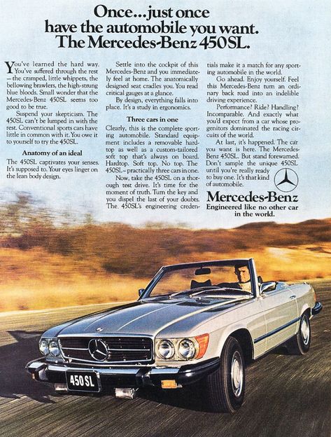 Click the jump for a few photos of the SL in question and, more importantly, some fabulous Mercedes ads of the past featuring turtlenecked men, graceful equestriennes, and forged-steel snobbery. Description from jackbaruth.com. I searched for this on bing.com/images Mercedes Classic Cars, Mercedes 560sl, American Gigolo, Mercedes 500, Benz Cars, Mercedes Sl, Classic Mercedes, Mercedes Benz Classic, Mercedes Benz Cars