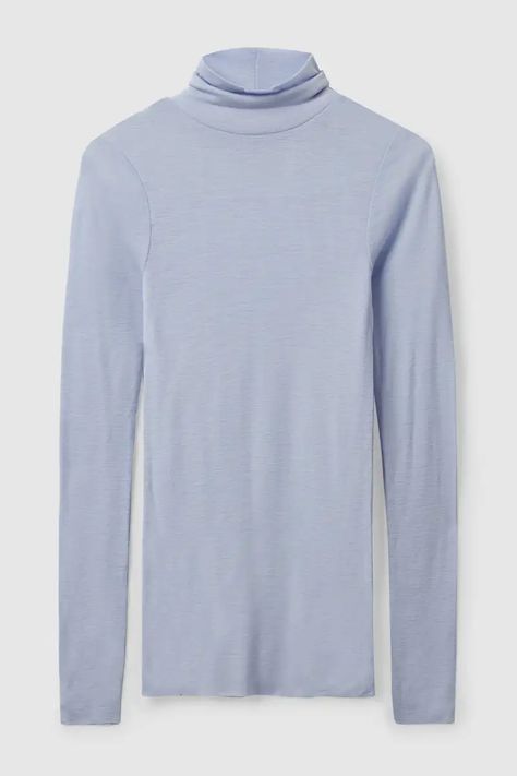 SLIM-FIT TURTLENECK TOP - Light blue - Tops - COS US Blue Turtleneck, Light Blue Top, Modern Style Design, Fitted Turtleneck, Cut Sweatshirts, Turtleneck Top, Wool Turtleneck, Women Essentials, Turtle Neck Top