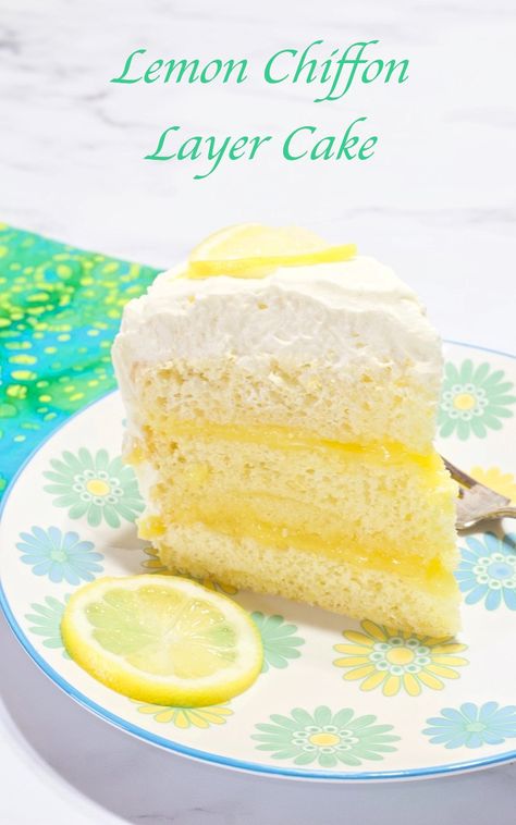 This Lemon Chiffon Cake is moist, lemony, delicate, and delicious. It has a moist and tender crumb, and the texture is between a dense butter cake and a light and airy sponge cake.  Lemon curd is tucked between the layers and it’s finished with a delicious whipped frosting! #lemon #lemonchiffoncake #chiffoncake #cake #lemoncake Lemon Heaven Sponge Cake, Lemon Curd Sponge Cake, Light And Fluffy Lemon Cake, Lemon Fluff Cake, How To Decorate A Lemon Cake, Chiffon Sponge Cake Recipe, Fancy Lemon Cake, Lemon Zest Cake, Lemon Filling Cake