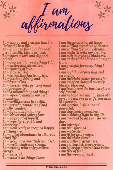 50 Positive I Am Affirmations List: I Am Statements For Yourself #energyprotection #selflove #spirituality Journal Affirmations I Am, Daily Affirmations I Am, I Am Daily Affirmations, Powerful Daily Affirmations, List Of Positive Affirmations, Positive I Am Affirmations, Powerful Affirmations For Success, Powerful I Am Affirmations, I Am Quotes Daily Affirmations