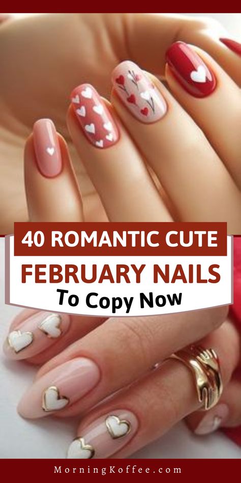 These are prettiest romantic and cute nail designs for perfect february manicures. From sweet pastel shades to bold, eye-catching patterns, these designs are perfect for Valentine's Day and the entire month of February. Whether you prefer classic heart motifs, glittery accents, or intricate floral designs, this list is sure to inspire you to try something new and express your love in a creative way. Nail Design February, Pastel Heart Nail Designs, Valentines Day Almond Shape Nails, February Nail Designs Almond, Almond February Nails, February Nail Art Ideas, Valentine Nail Art Designs Classy, February Nails Ideas Short, Valentines Short Nails Design