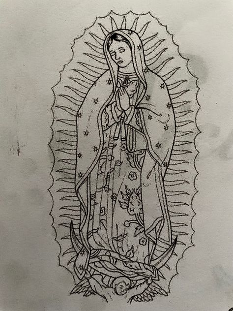 Feminine Virgin Mary Tattoo, Our Lady Of Guadalupe Tattoo Design, Virgencita Drawing Chicana, Our Lady Tattoo, Virgin Mary Tattoo Design Drawing, Virgin Mary Back Tattoo Women, Virgen De Guadalupe Tattoo Ideas Women, Virgen Mary Tattoo For Women, Traditional Virgin Mary Tattoo