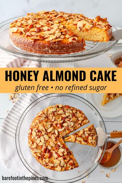 This honey almond cake is moist and dense, with warm nutty flavors coming from browned butter and fine almond flour. The best part? It's a gluten free and refined sugar free dessert. Honey Almond Cake, Almond Flour Desserts, Honey Snacks, Refined Sugar Free Desserts, Almond Flour Cakes, Almond Butter Recipes, Lemon Pound Cake Recipe, Almond Cake Recipe, Healthy Honey