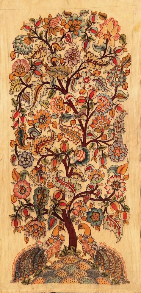 Tree of Life kalamkari Kalamkari Designs, Kalamkari Painting, Hand Painted Sarees, Madhubani Painting, Folk Art Painting, Digital Flowers, Tree Of Life, Elegant Wedding, Saree Designs