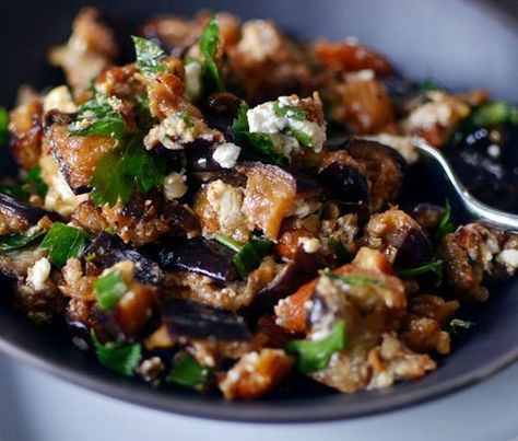 Roasted Eggplant Salad with Smoked Almonds & Goat Cheese Roasted Eggplant Salad, Smoked Almonds, Eggplant Salad, Enjoy Your Meal, Roasted Eggplant, Roast Eggplant, Grilled Eggplant, Goat Cheese Salad, Potluck Recipes