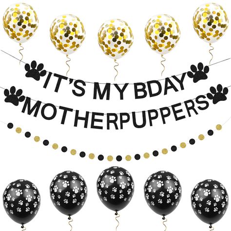 PRICES MAY VARY. 【The Complete Dog Birthday Set Includes】It's My Bday Mother Puppers part decorations set,including 1pcs black "It's My Bday Mother Puppers” banner,1pcs black gold dot banner, 10 paw print balloons in 2 colors, including black and gold,1 Roll white ribbon. Complete combination, to meet your dog birthday or dog birthday decoration needs, no need to buy other accessories.When your dog’s birthday comes, prepare a set of Dog Birthday Party Supplies to celebrate your dog’s birthday. 【 Puppy First Birthday Party Dogs, Puppy Party Theme Decorations, Puppy Birthday Party Games, Paw Print Birthday Cake, Dogs First Birthday Party, Pet Party Decorations, Dog First Birthday Party, Dog Party Theme, Mother Puppers