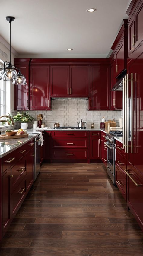 Kitchen Cabinet Color Ideas Dark Burgundy Kitchen Cabinets, Red Kitchen Cabinets Rustic, Burgundy Cabinet, Maroon Cabinets, Dark Red Kitchen Cabinets, Red Wood Kitchen, Burgundy Cabinets, Burgundy Kitchen Cabinets, Trending Cabinet Colors