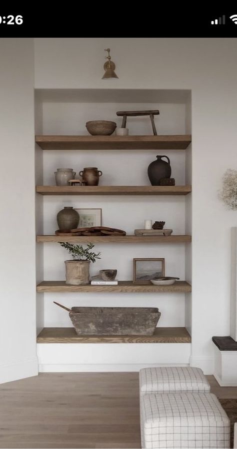 Shelves On Stone Wall, Open Shelving Decor, Bookshelf Styling Living Room, Built In Wall Shelves, Shelf Decor Living Room, Washing Walls, Wooden Cottage, Aesthetic Living Room, Modern Rustic Homes