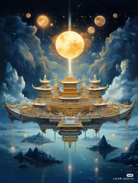 Fantasy Chinese City, Chinese Palace Fantasy Art, Manhua Background, China Castle, Mystical Kingdom, Asian Moon, China Moon, Chinese Palace, Moon Kingdom