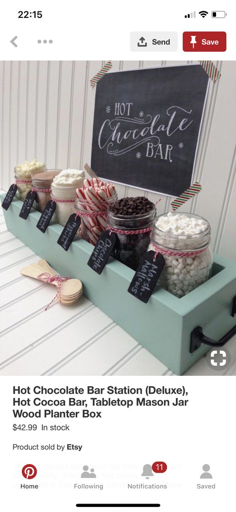 Hot Chocolate Bar Wedding, Mallow Bars, Diy Bar Ideas, Wedding Hot Chocolate Bar, Chocolate Bar Wedding, Bar Wedding Reception, Holiday Hot Chocolate, Hunter Wedding, Hot Chocolate Bar