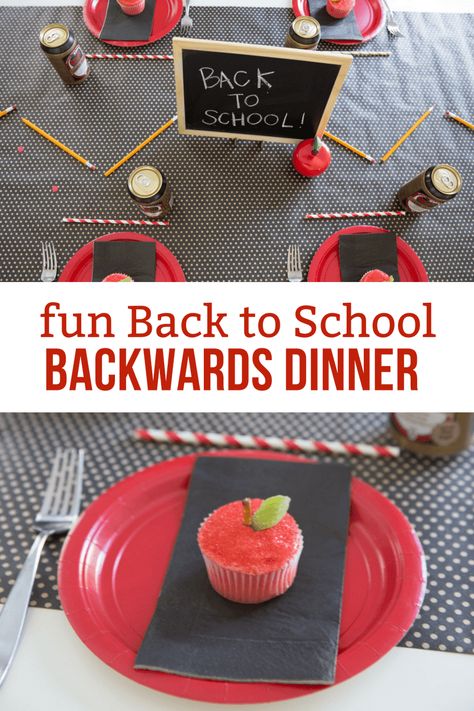 Have a fun Backwards Back to School dinner with dessert first! Check out all these creative ideas to make this a back to school dinner the entire family will love! Back To School Bbq, Back To School Dinner Party, School Night Dinner, Back To School Dinner, School Traditions, Fun School Lunches, Breakfast Tables, Tradition Ideas, Creative Ideas To Make